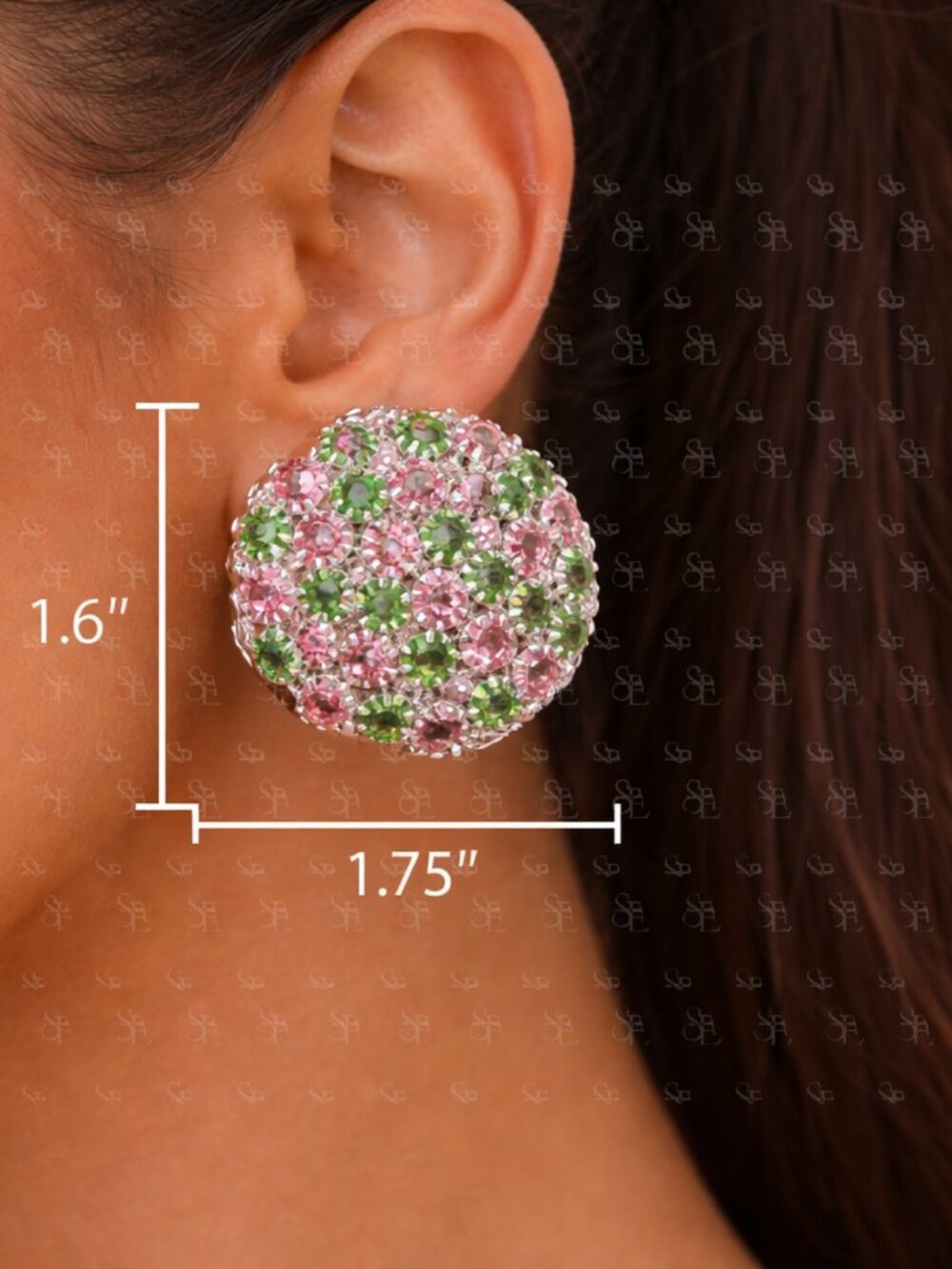 AKA Pink Green Rhinestone Cluster Earrings Statement Stud
